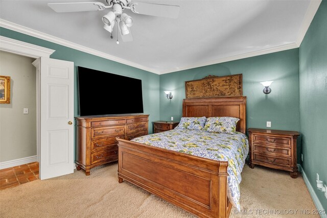 3112 Shore Dr, Grove, OK 74344 - bedroom featuring baseboards, ornamental molding, light carpet, and ceiling fan