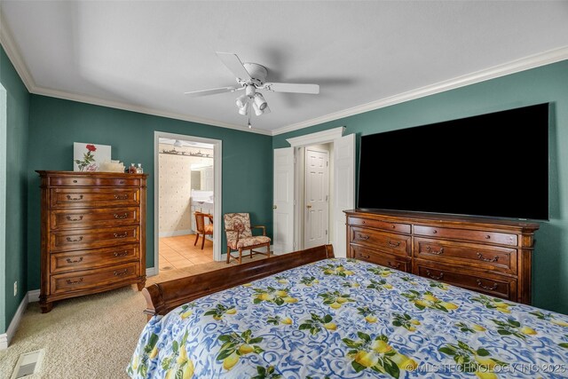 3112 Shore Dr, Grove, OK 74344 - bedroom with carpet floors, ornamental molding, baseboards, a ceiling fan, and ensuite bath