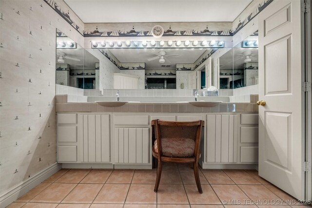 3112 Shore Dr, Grove, OK 74344 - full bathroom featuring a ceiling fan, tile patterned floors, and double vanity