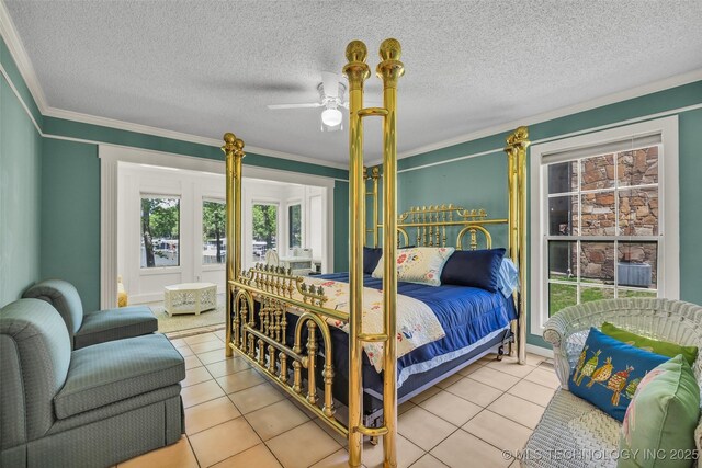 3112 Shore Dr, Grove, OK 74344 - tiled bedroom featuring crown molding, a textured ceiling, and a ceiling fan