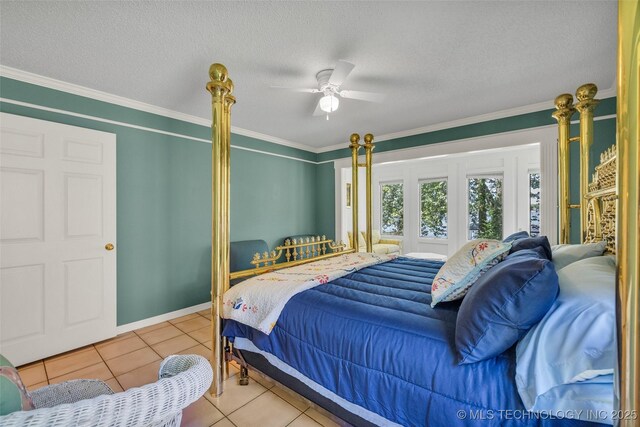 3112 Shore Dr, Grove, OK 74344 - tiled bedroom featuring ornamental molding, ceiling fan, a textured ceiling, and baseboards