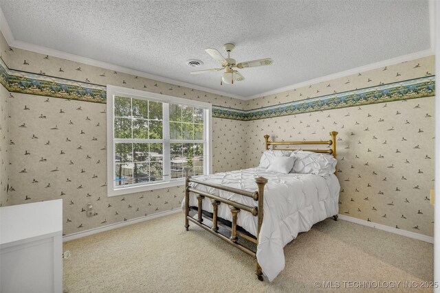 3112 Shore Dr, Grove, OK 74344 - bedroom featuring wallpapered walls, ornamental molding, a textured ceiling, carpet flooring, and baseboards