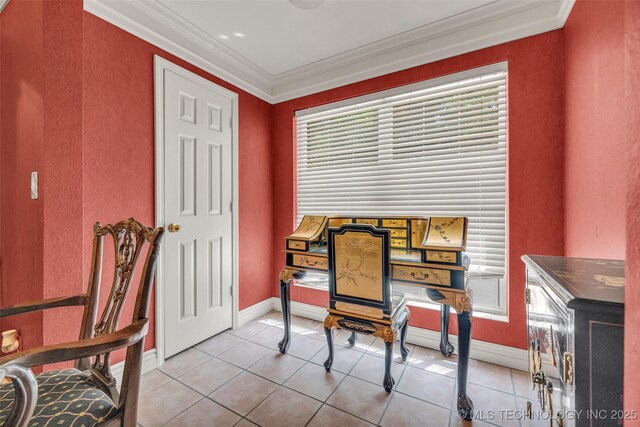 3112 Shore Dr, Grove, OK 74344 - office area with crown molding, light tile patterned floors, and baseboards