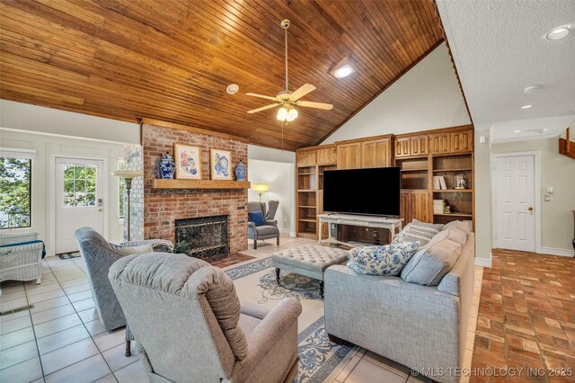3112 Shore Dr, Grove, OK 74344 - living area with a brick fireplace, ceiling fan, high vaulted ceiling, wooden ceiling, and baseboards