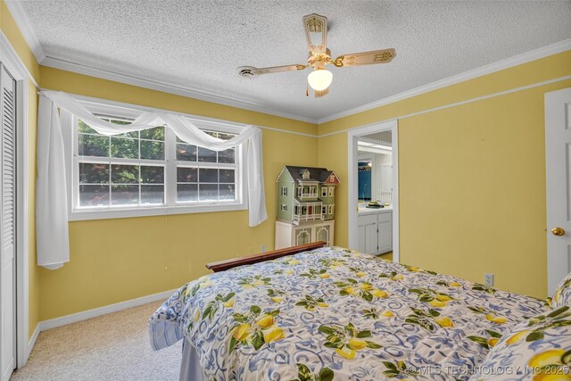 3112 Shore Dr, Grove, OK 74344 - carpeted bedroom with a textured ceiling, crown molding, a closet, ceiling fan, and baseboards