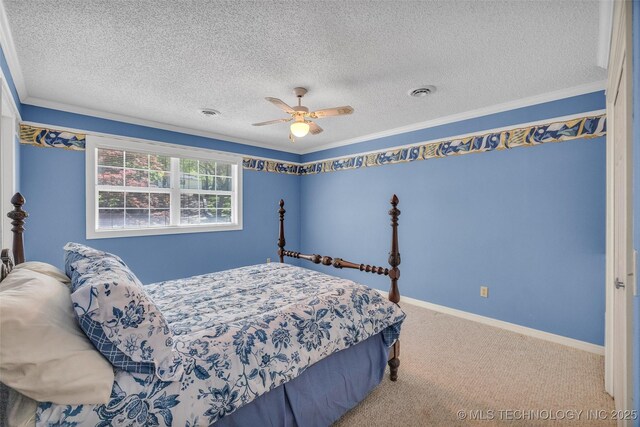 3112 Shore Dr, Grove, OK 74344 - carpeted bedroom featuring a textured ceiling, ornamental molding, baseboards, and a ceiling fan