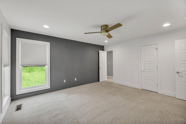3130 E 47th St, Tulsa, OK 74105 - unfurnished bedroom featuring light colored carpet, recessed lighting, ceiling fan, and baseboards