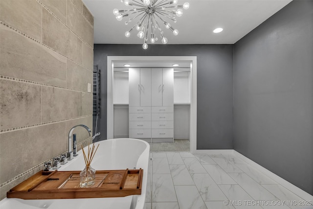 3130 E 47th St, Tulsa, OK 74105 - bedroom featuring a closet, marble look tile flooring, a chandelier, recessed lighting, and baseboards