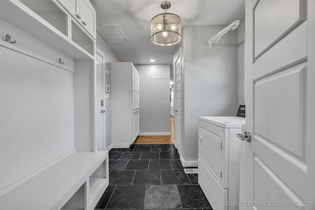 3130 E 47th St, Tulsa, OK 74105 - mudroom with washer and dryer, baseboards, a chandelier, and recessed lighting