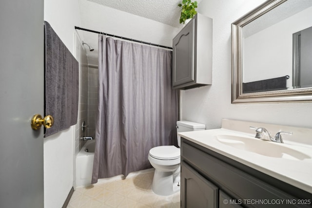 full bathroom with toilet, vanity, and shower / bath combination with curtain