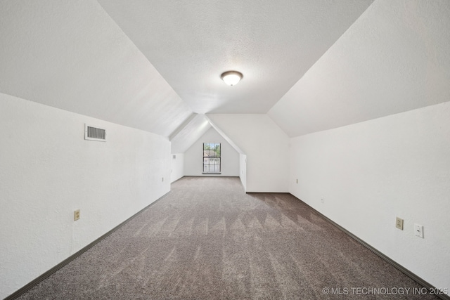 additional living space featuring carpet flooring, lofted ceiling, and a textured ceiling