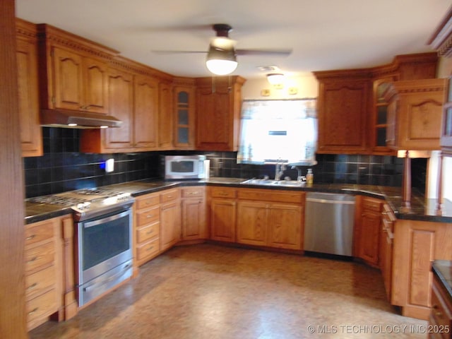 kitchen featuring stainless steel appliances, under cabinet range hood, a sink, tasteful backsplash, and dark countertops