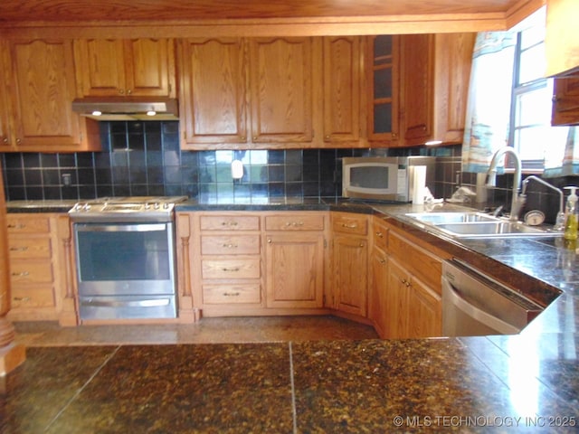kitchen featuring stainless steel appliances, under cabinet range hood, a sink, and backsplash