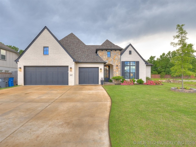 french country inspired facade featuring driveway, a shingled roof, brick siding, and a garage