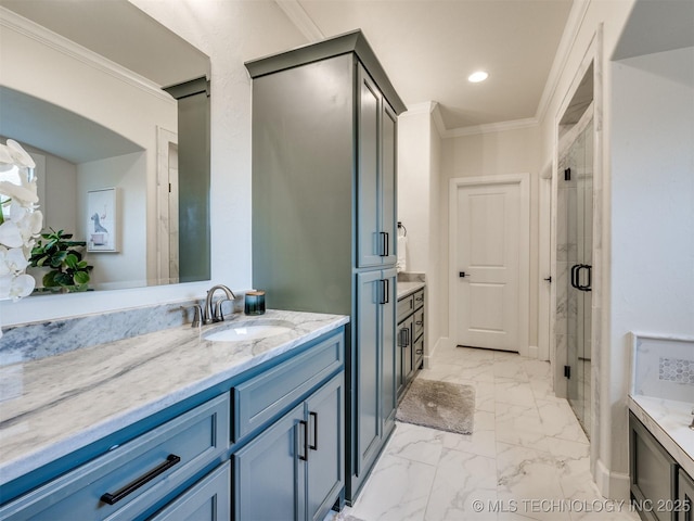 bathroom featuring crown molding, marble finish flooring, a shower stall, vanity, and recessed lighting