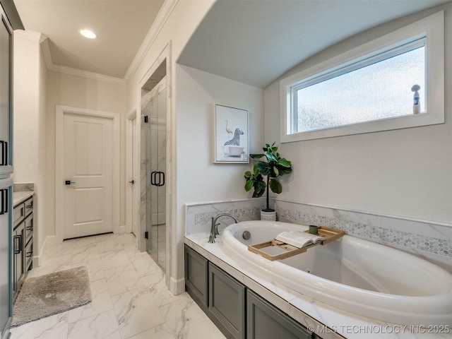 full bath with a garden tub, marble look tile flooring, a shower stall, recessed lighting, and baseboards