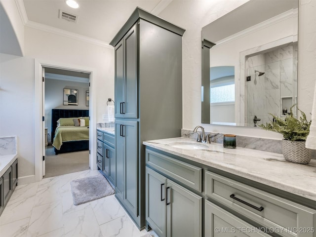 ensuite bathroom with ornamental molding, a marble finish shower, vanity, marble finish floors, and baseboards
