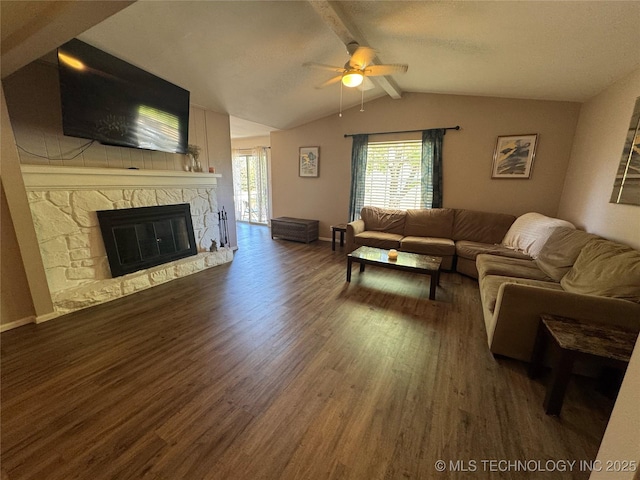 4302 E 67th St Unit 656, Tulsa, OK 74136 - living room with ceiling fan, wood finished floors, a fireplace, and baseboards