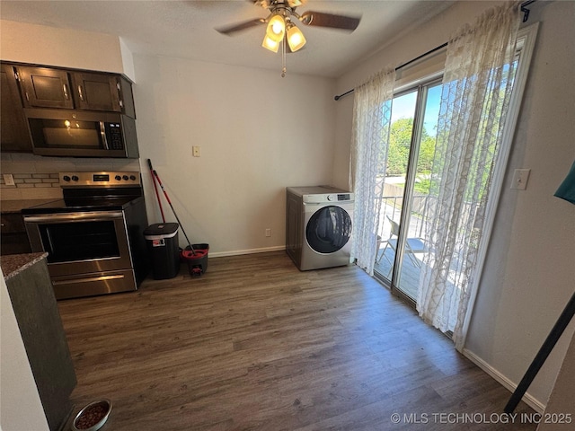 4302 E 67th St Unit 656, Tulsa, OK 74136 - laundry area featuring washer / dryer, dark wood-style flooring, baseboards, and a ceiling fan