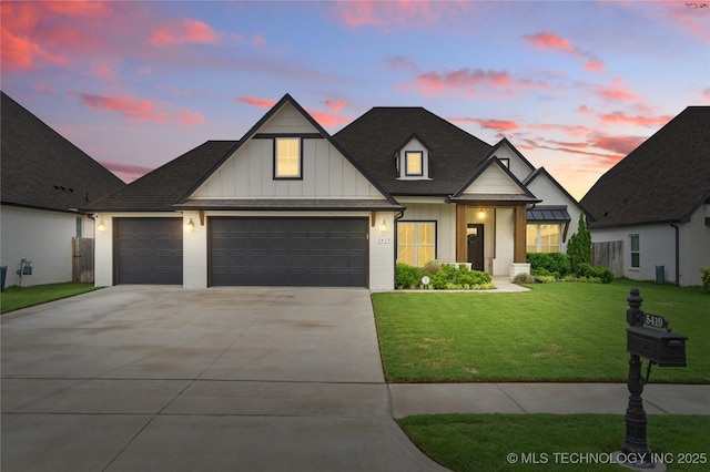 modern farmhouse style home featuring driveway, board and batten siding, a front lawn, a garage, and a shingled roof