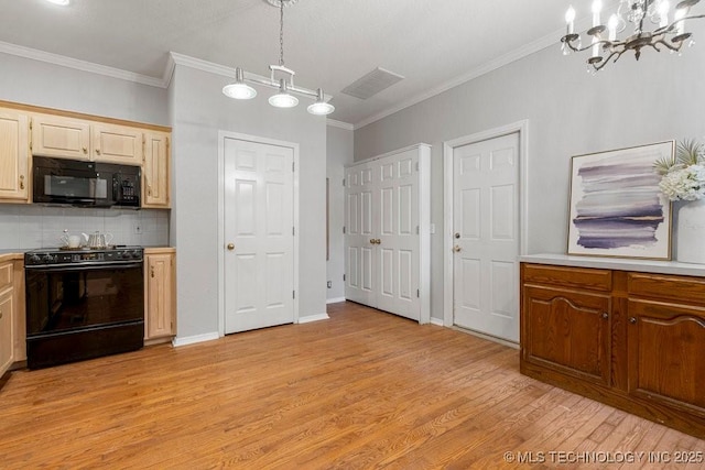kitchen with black appliances, light wood-type flooring, tasteful backsplash, light countertops, and a chandelier