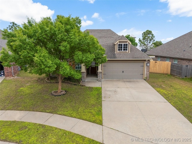 view of front of property with brick siding, driveway, an attached garage, and a shingled roof
