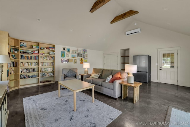 living room featuring a wall mounted AC, finished concrete flooring, beamed ceiling, and high vaulted ceiling