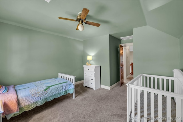 bedroom with carpet floors, ceiling fan, and baseboards