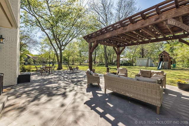 view of patio / terrace with outdoor lounge area, a playground, a pergola, and outdoor dining space