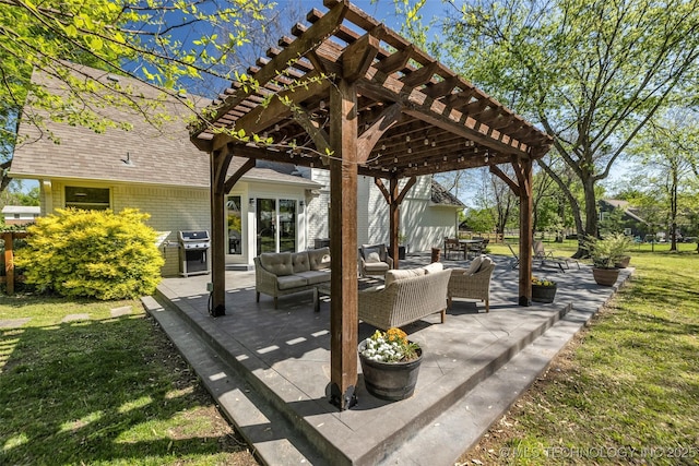 view of patio / terrace featuring an outdoor living space, a pergola, and a grill