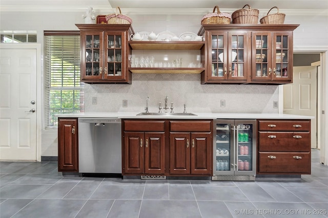 indoor wet bar featuring dishwasher, beverage cooler, crown molding, light tile patterned flooring, and backsplash