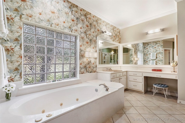 full bath featuring wallpapered walls, tile patterned flooring, a whirlpool tub, vanity, and crown molding
