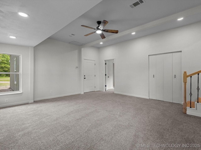 unfurnished room featuring recessed lighting, carpet flooring, a ceiling fan, and baseboards