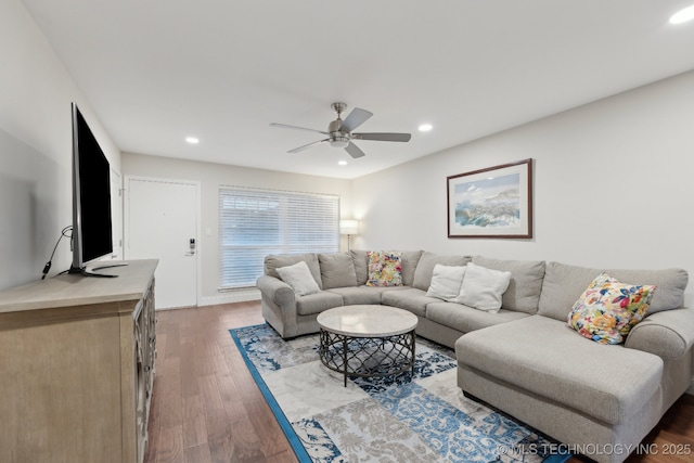 living area with ceiling fan, wood finished floors, and recessed lighting