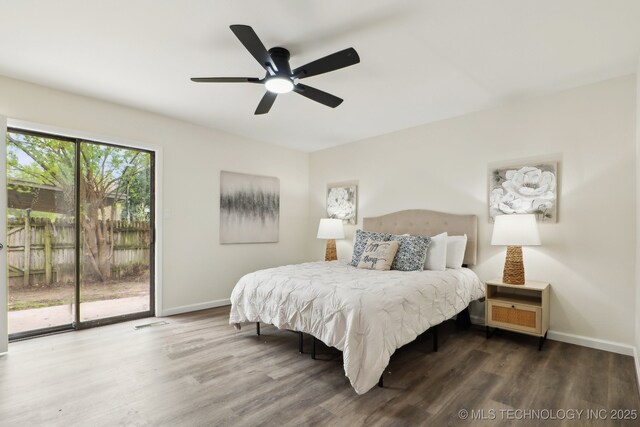 1901 W Indianola St, Broken Arrow, OK 74012 - bedroom featuring access to outside, wood finished floors, baseboards, and a ceiling fan