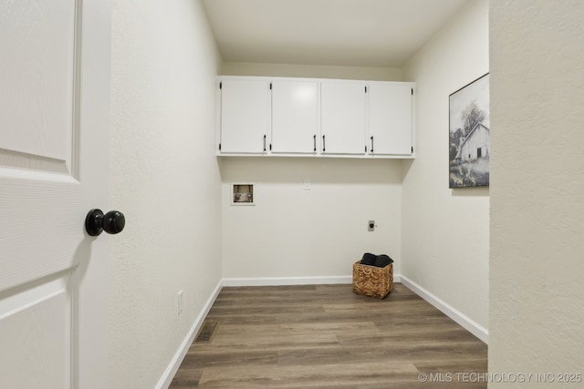 1901 W Indianola St, Broken Arrow, OK 74012 - clothes washing area with cabinet space, wood finished floors, washer hookup, electric dryer hookup, and a textured wall