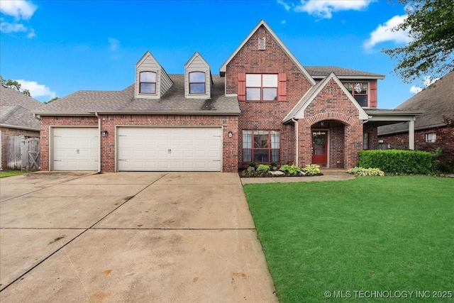 view of front of property featuring brick siding, a front yard, concrete driveway, an attached garage, and a shingled roof