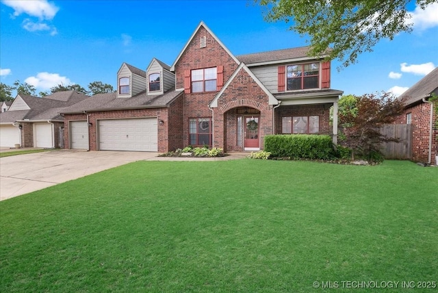 view of front of property featuring brick siding, a garage, and driveway