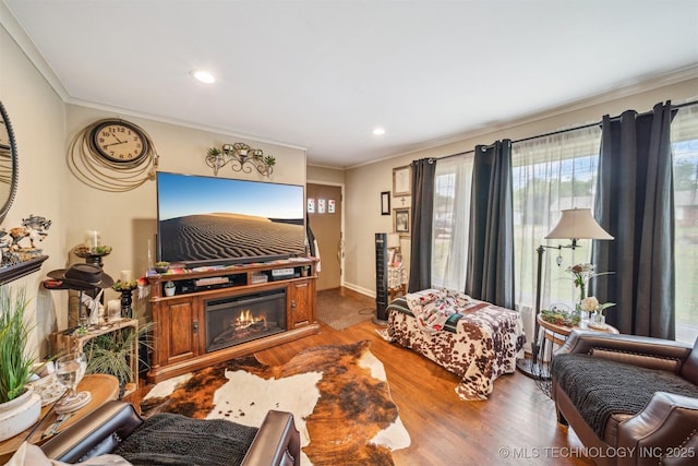 living area with ornamental molding, wood finished floors, a glass covered fireplace, plenty of natural light, and recessed lighting