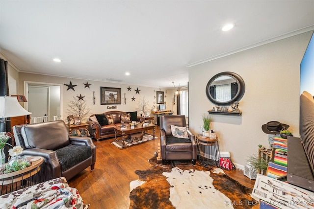 living room with crown molding, wood finished floors, and recessed lighting