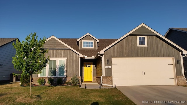 3721 N 39th St, Broken Arrow, OK 74014 - craftsman-style home featuring a garage, brick siding, concrete driveway, a front lawn, and a shingled roof