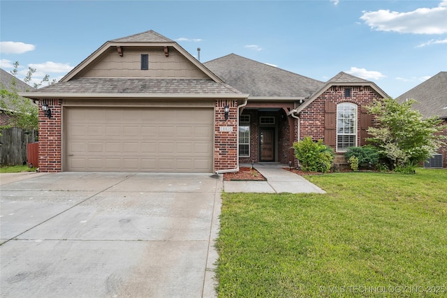 view of front facade featuring roof with shingles, brick siding, concrete driveway, cooling unit, and a front yard