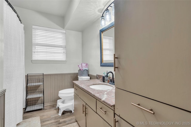 full bathroom with wood finished floors, a wainscoted wall, vanity, and toilet
