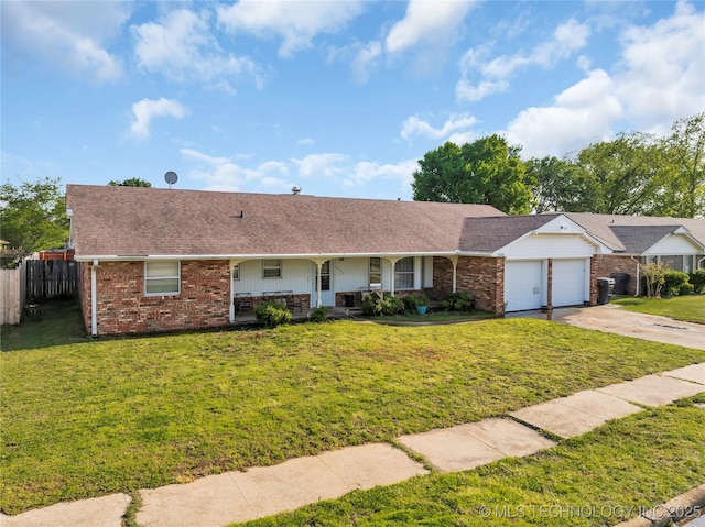 ranch-style home featuring brick siding, a garage, concrete driveway, a porch, and a shingled roof