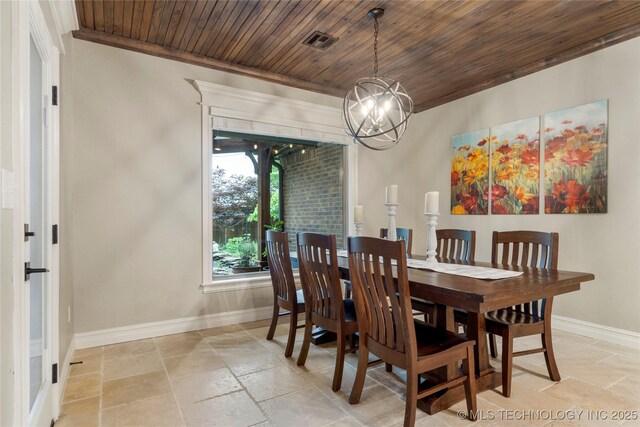 dining room with stone tile flooring, a chandelier, baseboards, wood ceiling, and crown molding