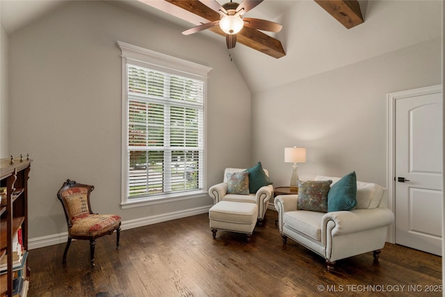 sitting room with vaulted ceiling, a ceiling fan, wood finished floors, and baseboards