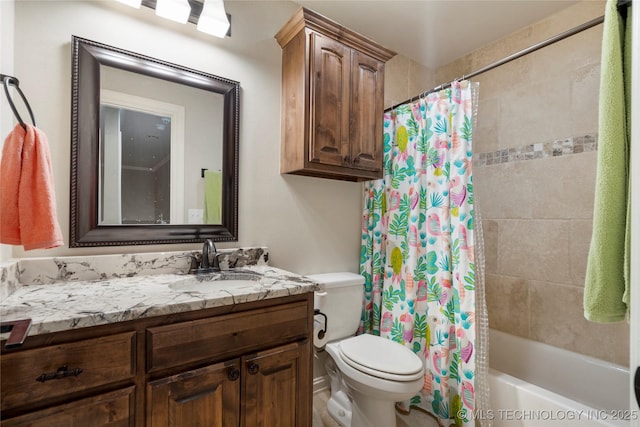 full bathroom with toilet, vanity, and shower / bath combination with curtain