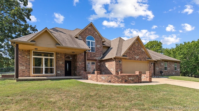 view of front of house with a garage, brick siding, driveway, and roof with shingles