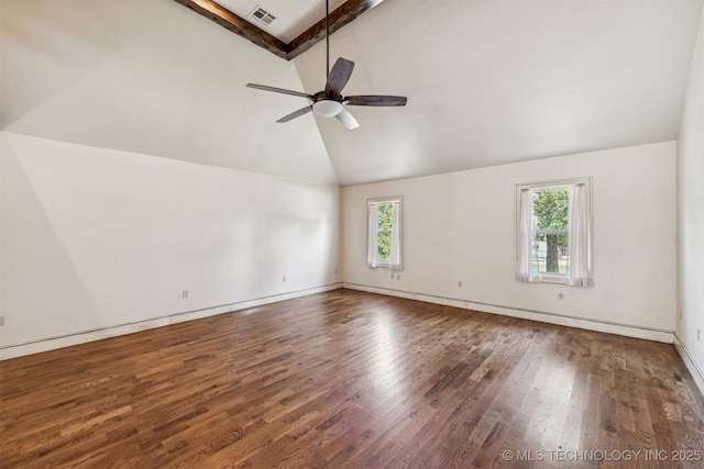 empty room featuring wood finished floors, ceiling fan, beamed ceiling, high vaulted ceiling, and baseboards