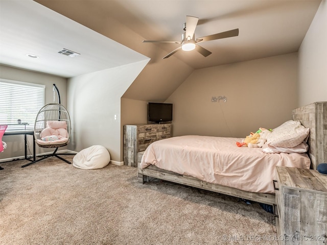 3661 S Lewis Ave, Tulsa, OK 74105 - bedroom with carpet, baseboards, a ceiling fan, and vaulted ceiling